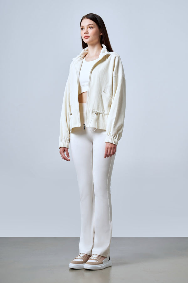 Fitilli Kadife Dokulu Ayarlanabilir Bel Detaylı Kadın Mont - Ekru