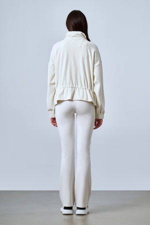 Fitilli Kadife Dokulu Ayarlanabilir Bel Detaylı Kadın Mont - Ekru