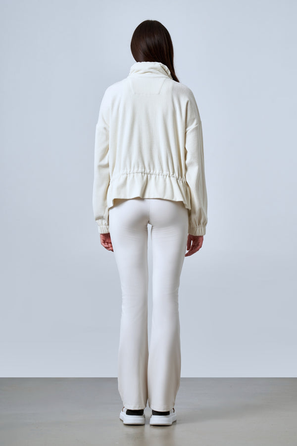 Fitilli Kadife Dokulu Ayarlanabilir Bel Detaylı Kadın Mont - Ekru