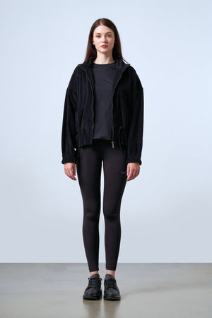 Fitilli Kadife Dokulu Ayarlanabilir Bel Detaylı Kadın Mont - Siyah