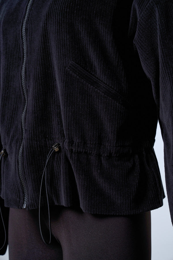 Fitilli Kadife Dokulu Ayarlanabilir Bel Detaylı Kadın Mont - Siyah