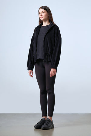 Fitilli Kadife Dokulu Ayarlanabilir Bel Detaylı Kadın Mont - Siyah