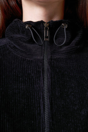 Fitilli Kadife Dokulu Ayarlanabilir Bel Detaylı Kadın Mont - Siyah