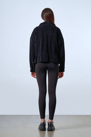 Fitilli Kadife Dokulu Ayarlanabilir Bel Detaylı Kadın Mont - Siyah