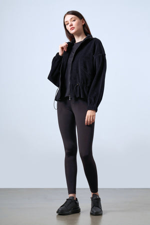 Fitilli Kadife Dokulu Ayarlanabilir Bel Detaylı Kadın Mont - Siyah