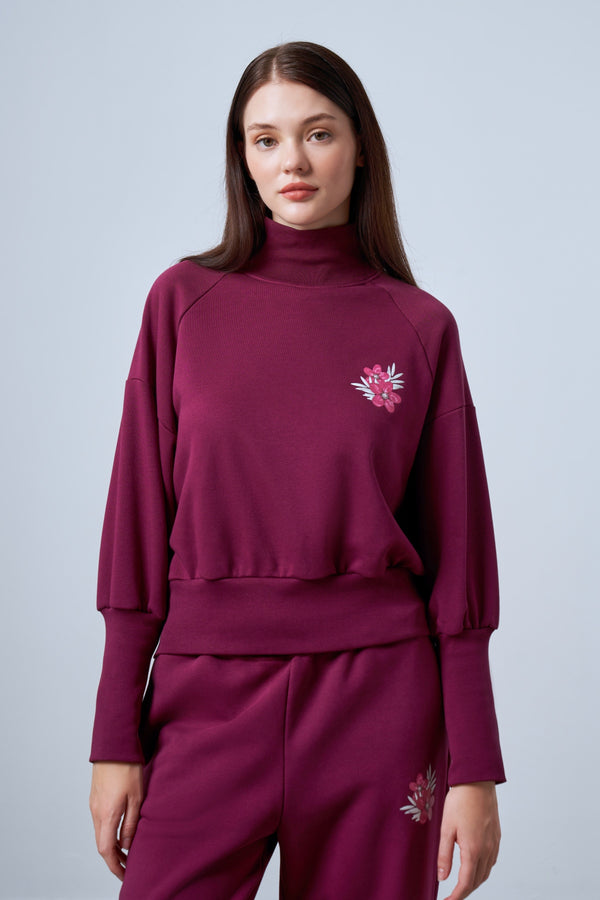 Floral Baskılı Boğazlı Kadın Sweatshirt - Bordo