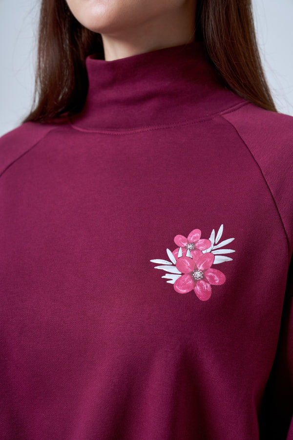 Floral Baskılı Boğazlı Kadın Sweatshirt - Bordo
