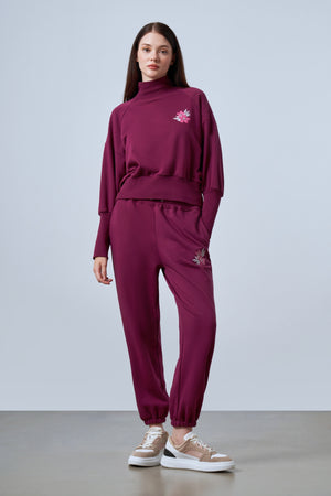 Floral Baskılı Boğazlı Kadın Sweatshirt - Bordo