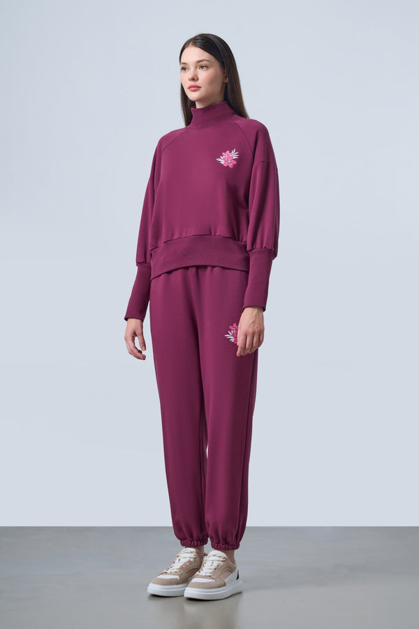 Floral Baskılı Boğazlı Kadın Sweatshirt - Bordo