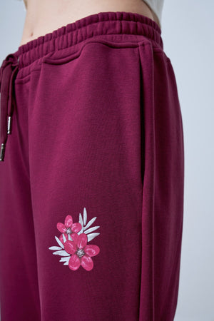 Floral Baskılı Kadın Jogger Eşofman Altı - Bordo