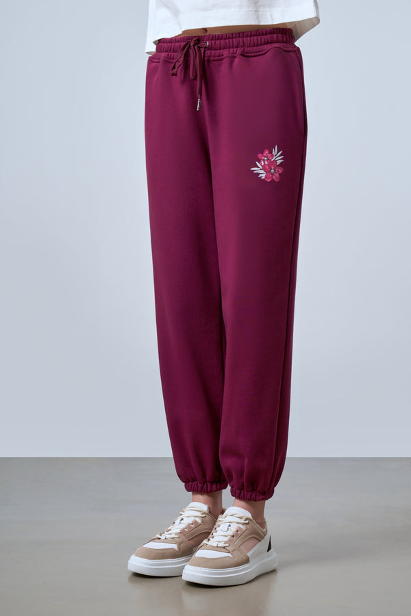 Floral Baskılı Kadın Jogger Eşofman Altı - Bordo