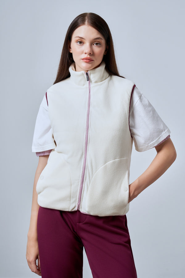 İçi Kapitoneli Fermuarlı Kadın Polar Yelek - Ekru