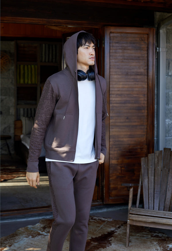 Kolları Yün Detaylı Kapüşonlu Fermuarlı Erkek Hoodie - Kahverengi