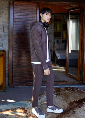 Kolları Yün Detaylı Kapüşonlu Fermuarlı Erkek Hoodie - Kahverengi