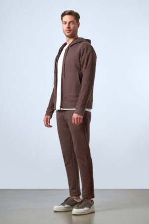 Kolları Yün Detaylı Kapüşonlu Fermuarlı Erkek Hoodie - Kahverengi