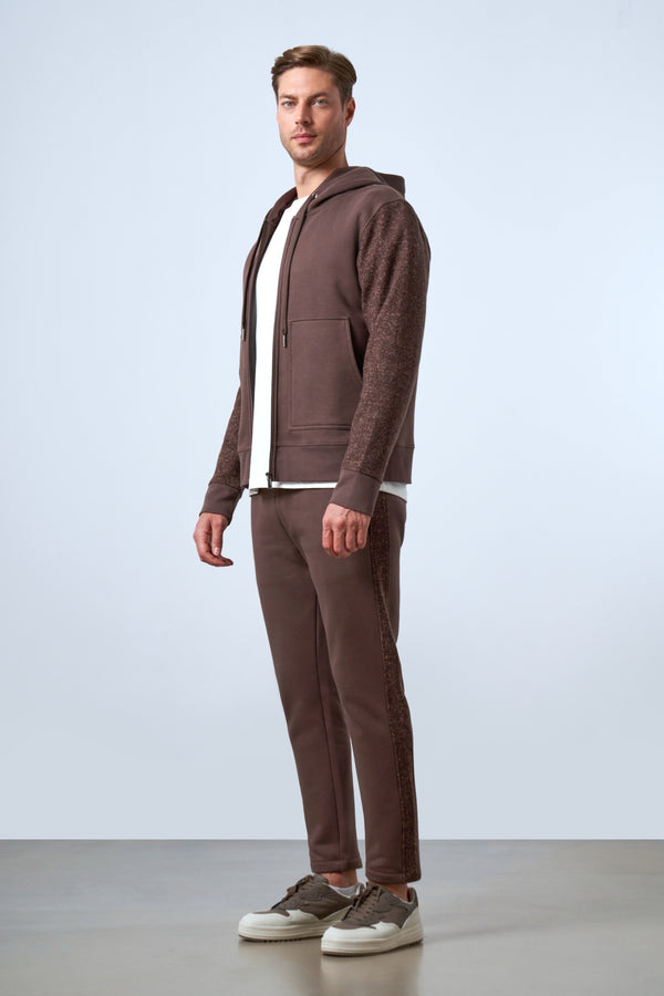 Kolları Yün Detaylı Kapüşonlu Fermuarlı Erkek Hoodie - Kahverengi