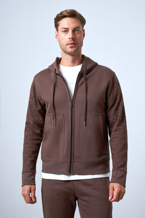 Kolları Yün Detaylı Kapüşonlu Fermuarlı Erkek Hoodie - Kahverengi