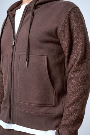 Kolları Yün Detaylı Kapüşonlu Fermuarlı Erkek Hoodie - Kahverengi