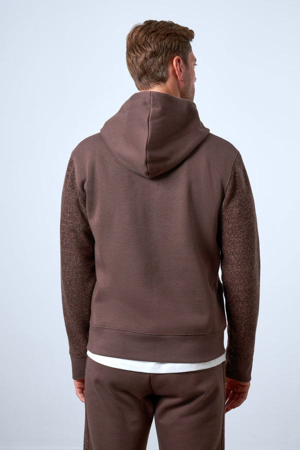 Kolları Yün Detaylı Kapüşonlu Fermuarlı Erkek Hoodie - Kahverengi