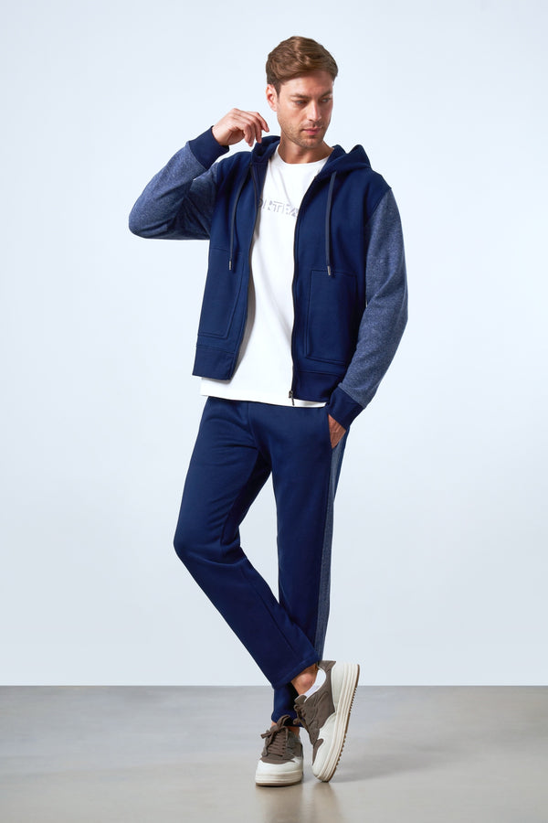 Kolları Yün Detaylı Kapüşonlu Fermuarlı Erkek Hoodie - Lacivert