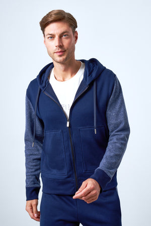 Kolları Yün Detaylı Kapüşonlu Fermuarlı Erkek Hoodie - Lacivert