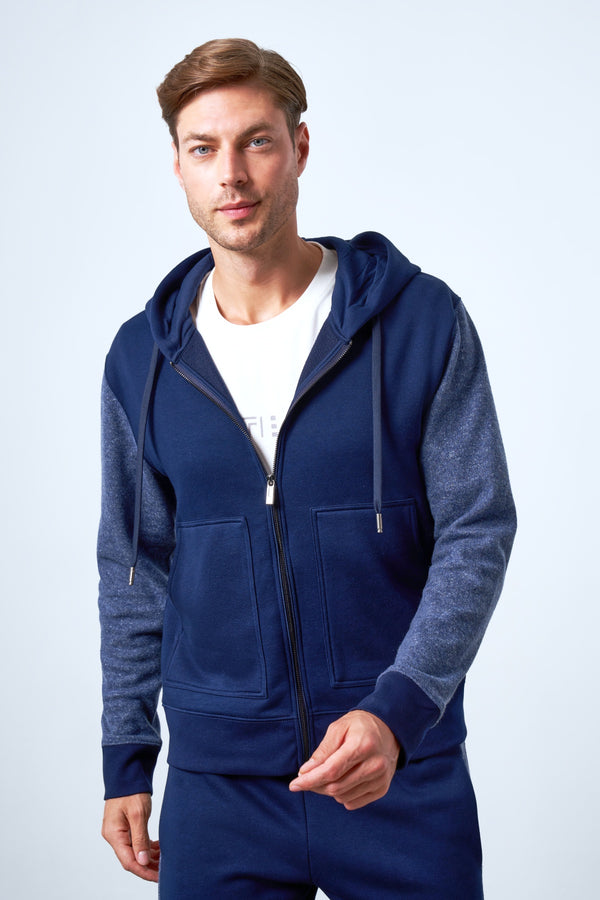 Kolları Yün Detaylı Kapüşonlu Fermuarlı Erkek Hoodie - Lacivert