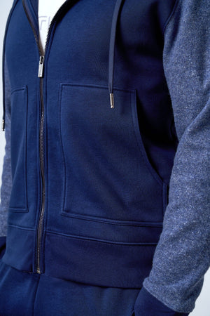 Kolları Yün Detaylı Kapüşonlu Fermuarlı Erkek Hoodie - Lacivert