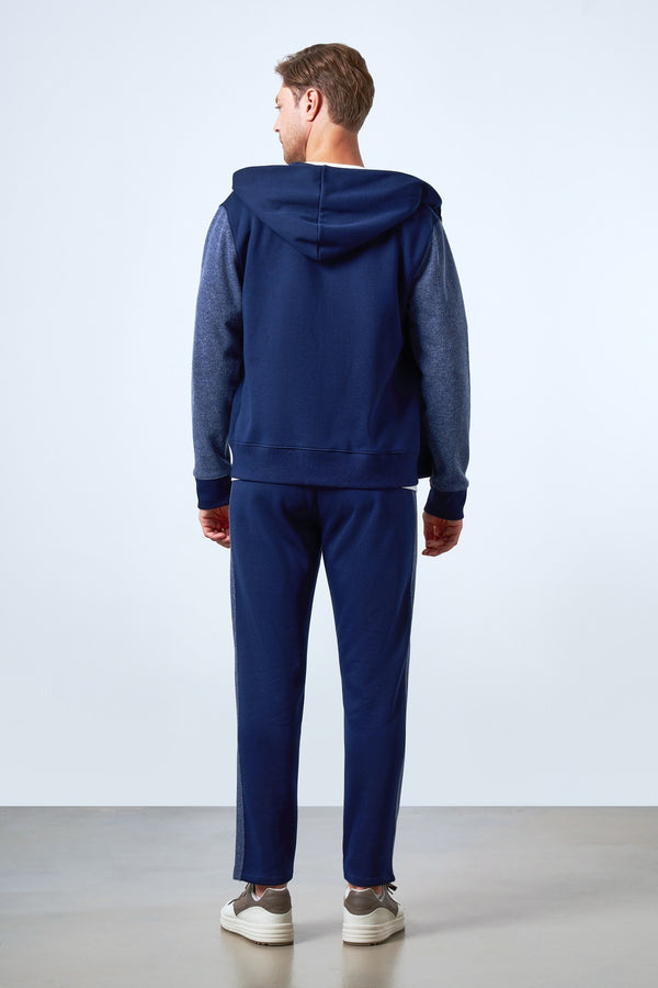 Kolları Yün Detaylı Kapüşonlu Fermuarlı Erkek Hoodie - Lacivert