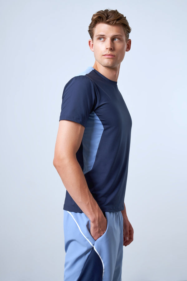 Kontrast Renk Panelli Erkek Bisiklet Yaka T-shirt - Lacivert