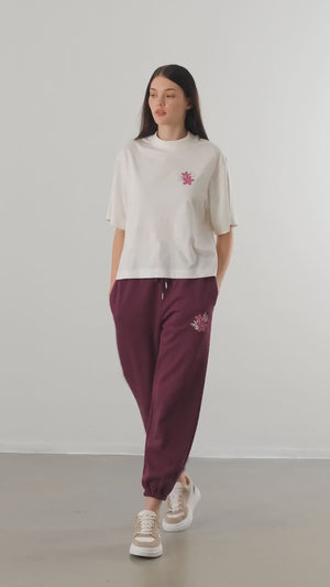 Floral Baskılı Kadın Jogger Eşofman Altı - Bordo