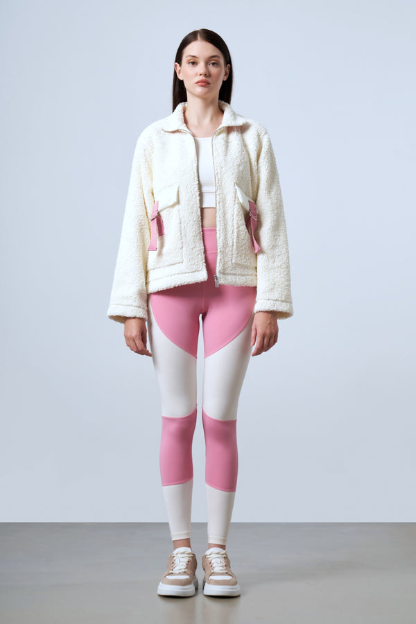 Şeritli Cep Detaylı Peluş Fermuarlı Kadın Ceket - Ekru