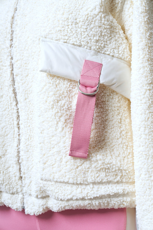 Şeritli Cep Detaylı Peluş Fermuarlı Kadın Ceket - Ekru