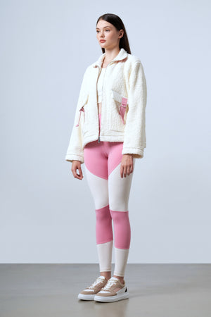 Şeritli Cep Detaylı Peluş Fermuarlı Kadın Ceket - Ekru