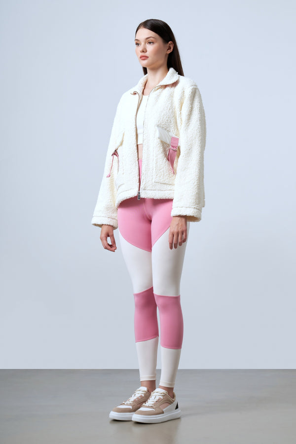 Şeritli Cep Detaylı Peluş Fermuarlı Kadın Ceket - Ekru