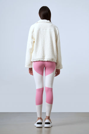 Şeritli Cep Detaylı Peluş Fermuarlı Kadın Ceket - Ekru