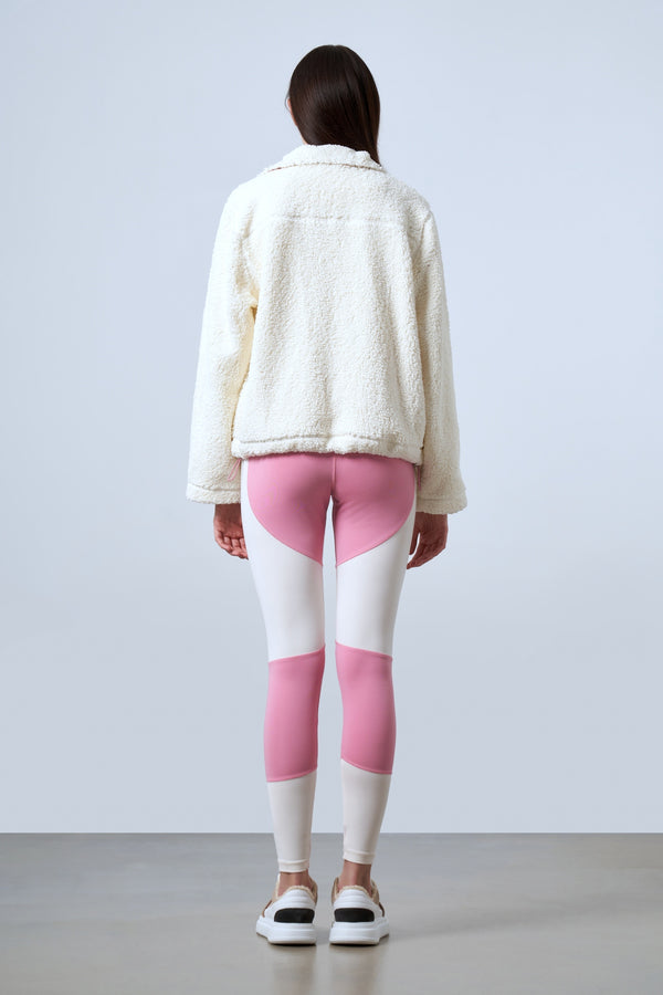 Şeritli Cep Detaylı Peluş Fermuarlı Kadın Ceket - Ekru