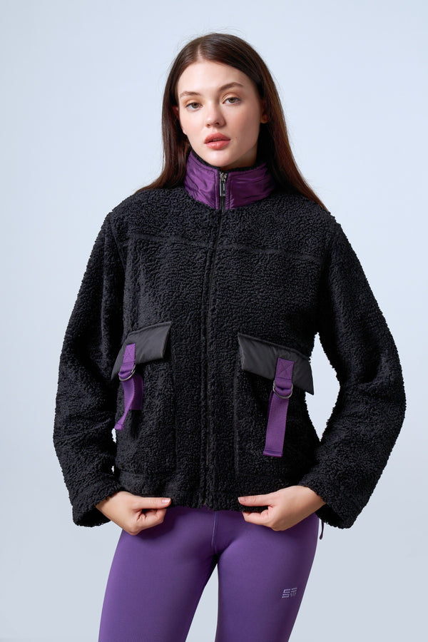 Şeritli Cep Detaylı Peluş Fermuarlı Kadın Ceket - Siyah