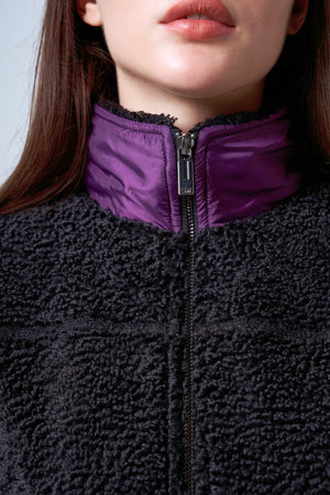 Şeritli Cep Detaylı Peluş Fermuarlı Kadın Ceket - Siyah