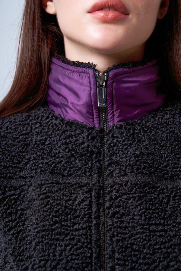 Şeritli Cep Detaylı Peluş Fermuarlı Kadın Ceket - Siyah