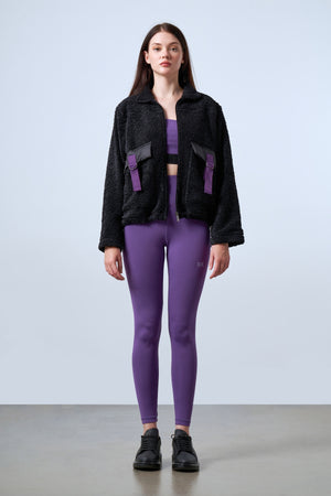 Şeritli Cep Detaylı Peluş Fermuarlı Kadın Ceket - Siyah