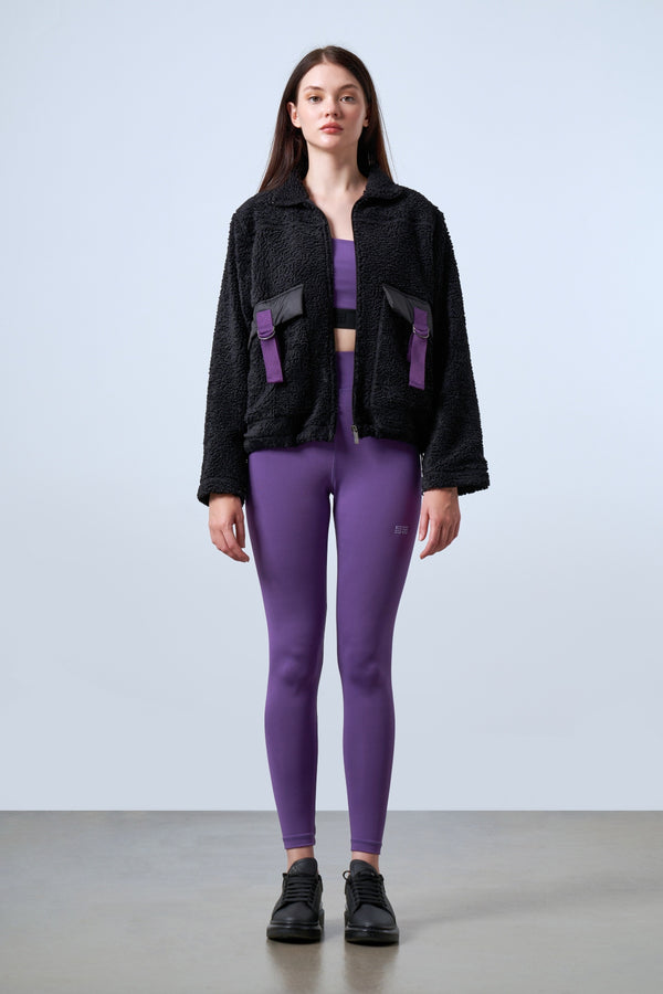 Şeritli Cep Detaylı Peluş Fermuarlı Kadın Ceket - Siyah