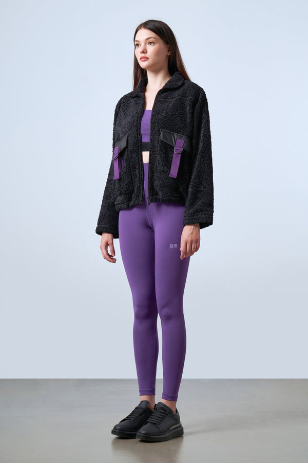 Şeritli Cep Detaylı Peluş Fermuarlı Kadın Ceket - Siyah