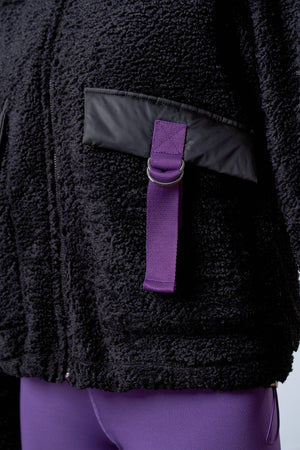 Şeritli Cep Detaylı Peluş Fermuarlı Kadın Ceket - Siyah