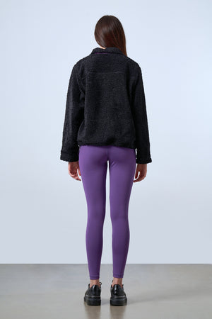 Şeritli Cep Detaylı Peluş Fermuarlı Kadın Ceket - Siyah