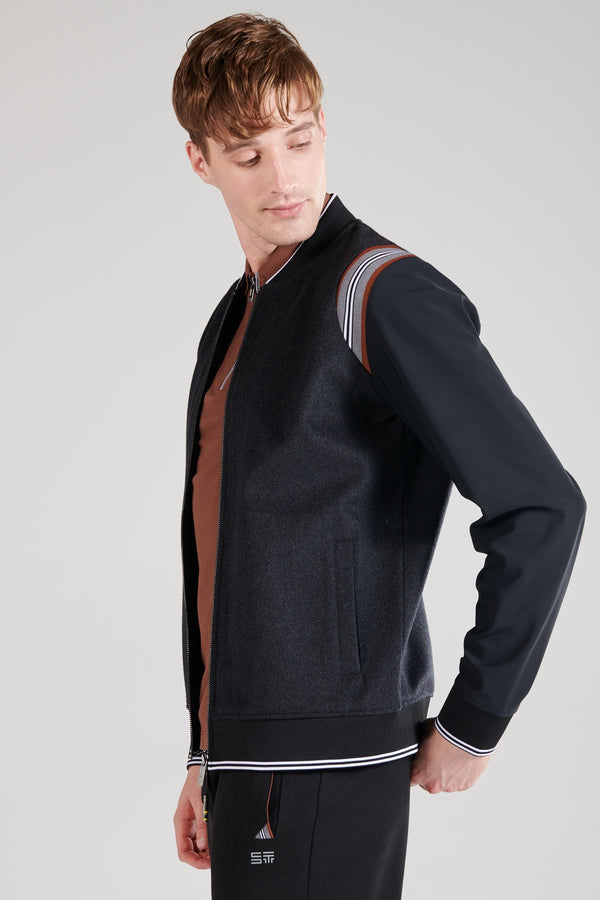 Teknik Kumaş Kol Detaylı Erkek Bomber Ceket - Koyu Gri