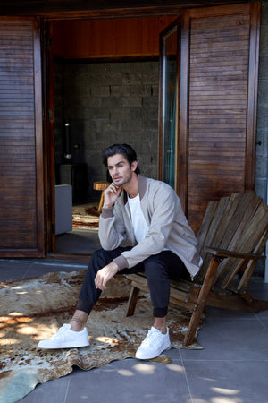 Triko Detaylı Erkek Bomber Ceket - Bej