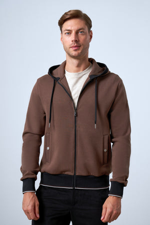 Triko Detaylı Kapüşonlu Erkek Fermuarlı Hoodie - Kahverengi