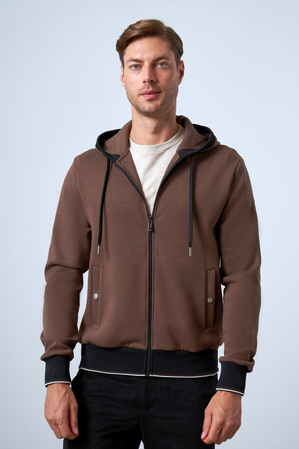 Triko Detaylı Kapüşonlu Erkek Fermuarlı Hoodie - Kahverengi