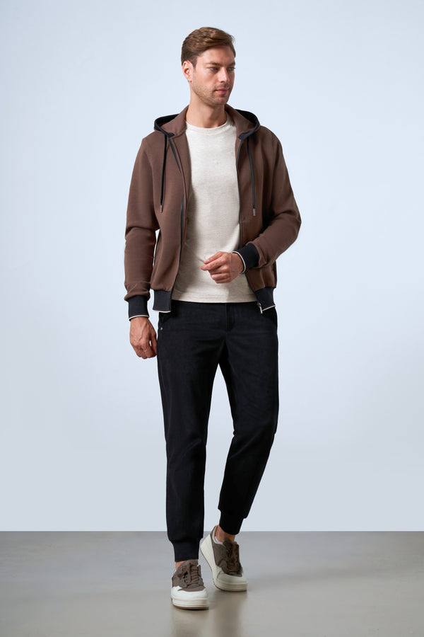 Triko Detaylı Kapüşonlu Erkek Fermuarlı Hoodie - Kahverengi