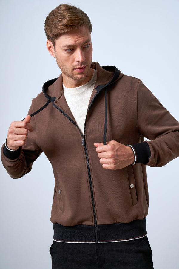 Triko Detaylı Kapüşonlu Erkek Fermuarlı Hoodie - Kahverengi